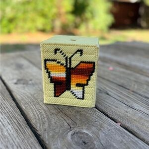 Vintage 70s Butterfly Needlepoint Crochet Tissue Paper Cover